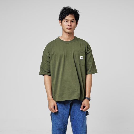 House of Smith Kaos Boxy Pria - Pocket Green Army Boxy Heavyweights TShirt 16S - Boxy T Shirt - Image 3
