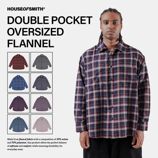 House of Smith Kemeja Flanel Oversize Pria - Double Pocket Oversized Flannel - Flannel Long Shirt - Image 3
