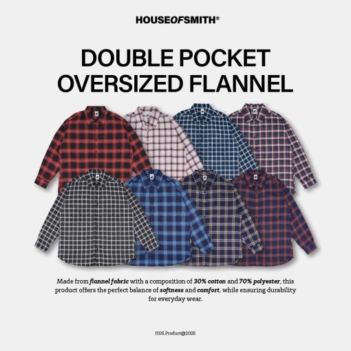 House of Smith Kemeja Flanel Oversize Pria - Double Pocket Oversized Flannel - Flannel Long Shirt