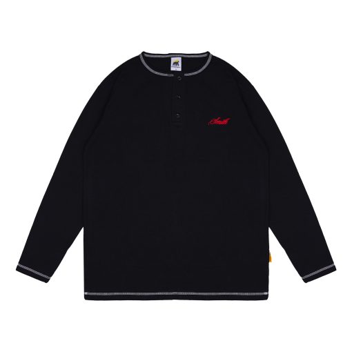 House of Smith Kaos Pria Lengan Panjang - Smith Long Sleeve Henley Black - T Shirt Long Sleeve Henley
