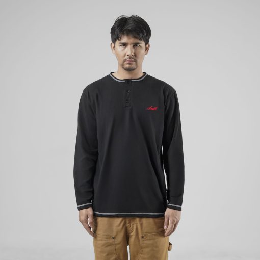 House of Smith Kaos Pria Lengan Panjang - Smith Long Sleeve Henley Black - T Shirt Long Sleeve Henley - Image 3