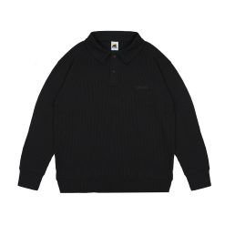 House of Smith Kaos Polo Pria Lengan Panjang - Thermal Waff Oversized Long Sleeve Polo Black - Polo Oversized