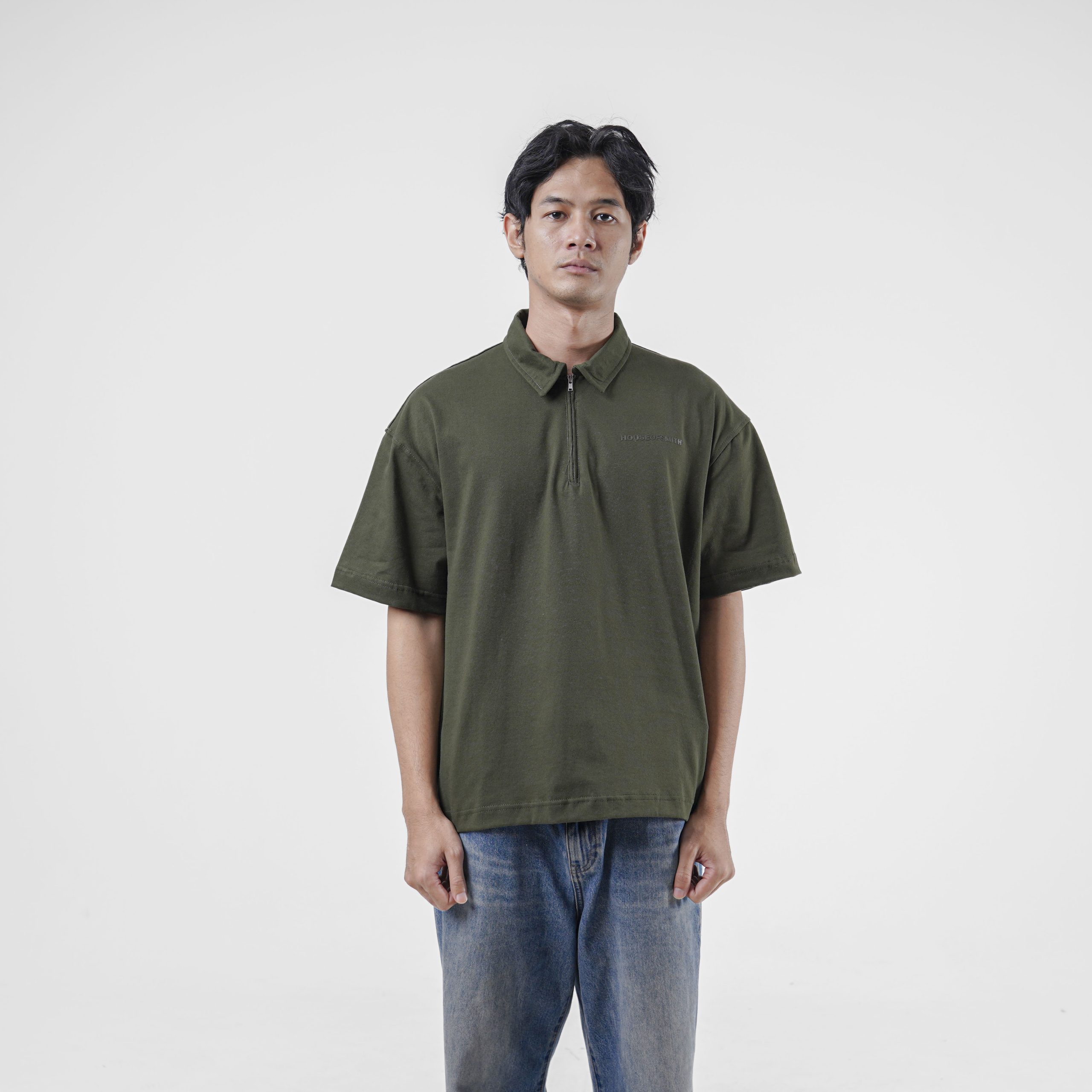 House of Smith Polo Shirt - Origin Halfzip Heavyweight Polo Boxy Army - Polo Halfzip Boxy Pria - Image 4