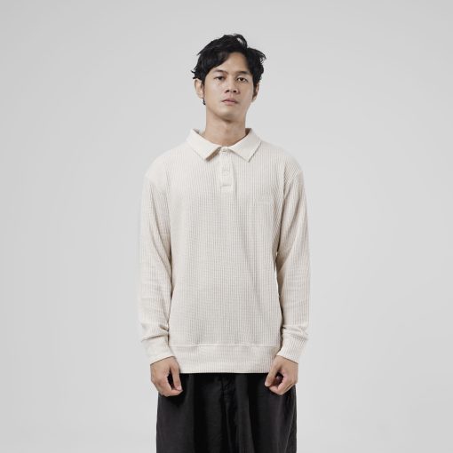 House of Smith Kaos Polo Pria Lengan Panjang - Thermal Waff Oversized Long Sleeve Polo Ivory - Polo Oversized - Image 5